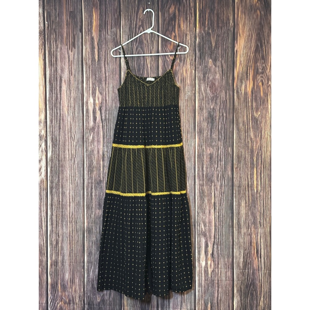 Per Una M&S Dress Womens 8 Black Gold Metallic Maxi Boho Tiered Vacation